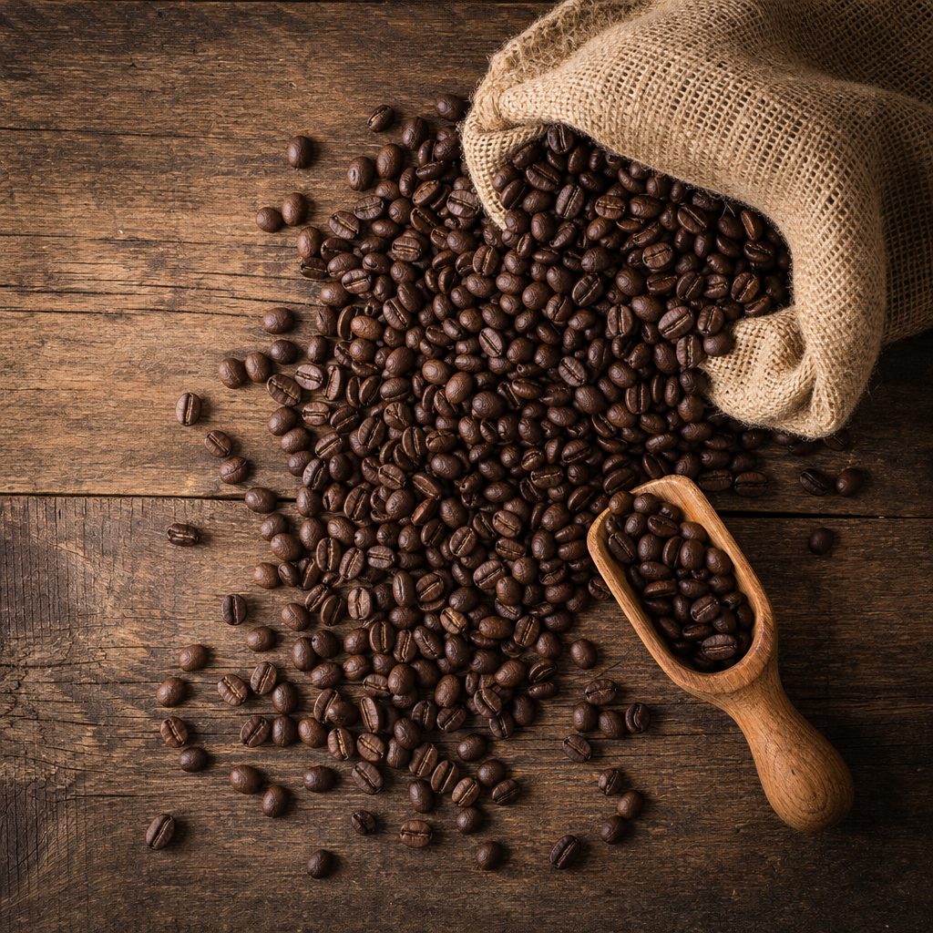 Roasted coffee beans spilling from a burlap sack onto a wooden counter