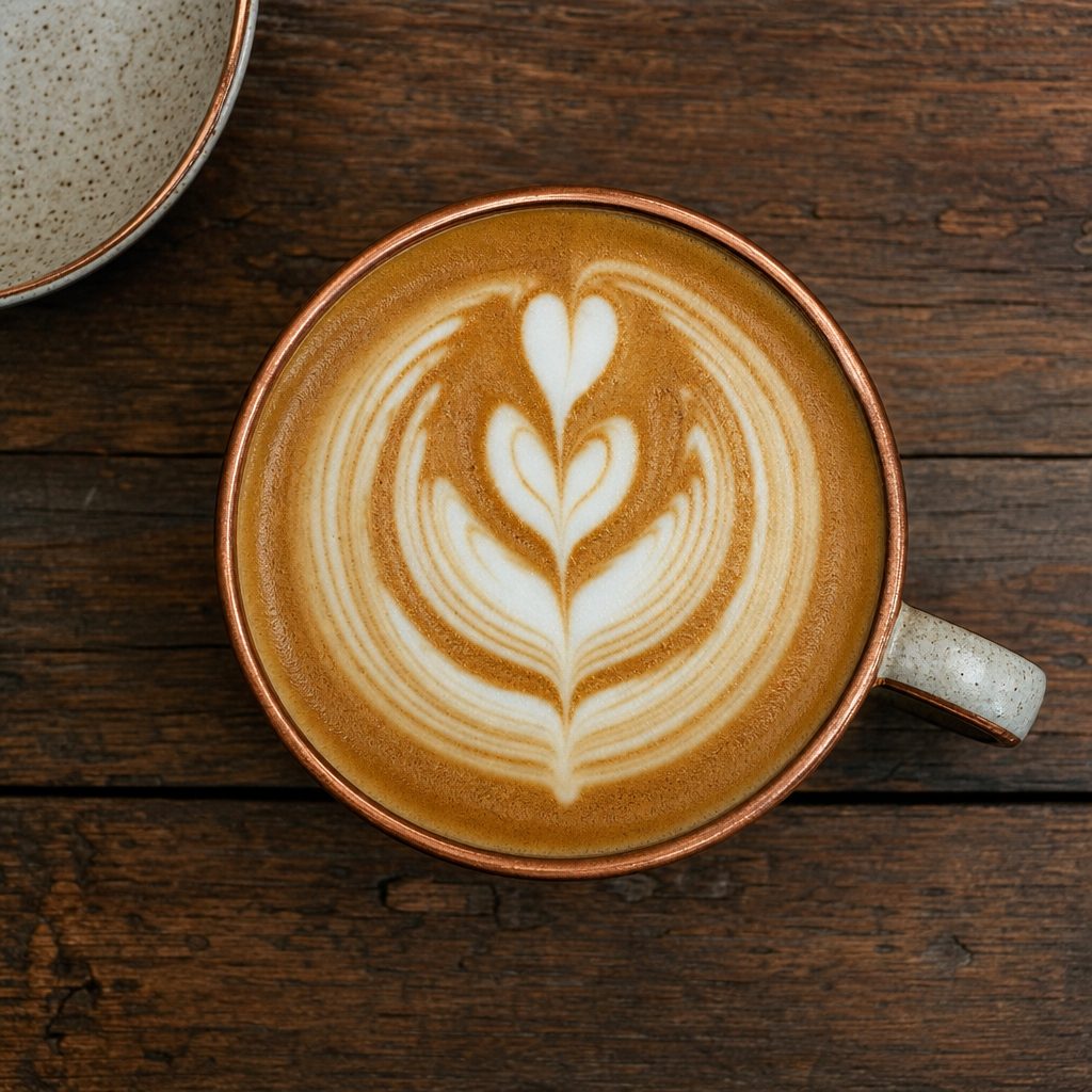 Latte with detailed latte art in a copper-rimmed cup