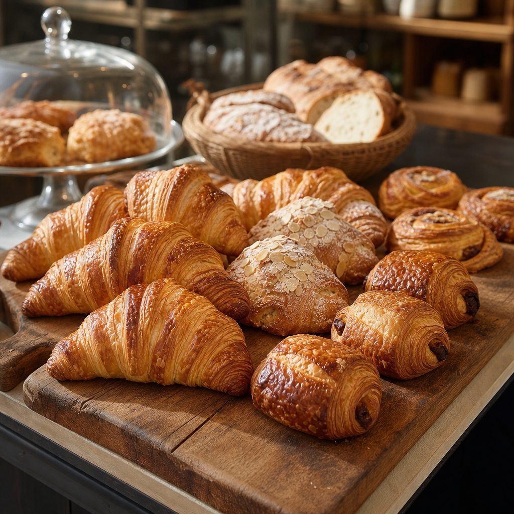 Fresh croissants and pastries arranged on a wooden board