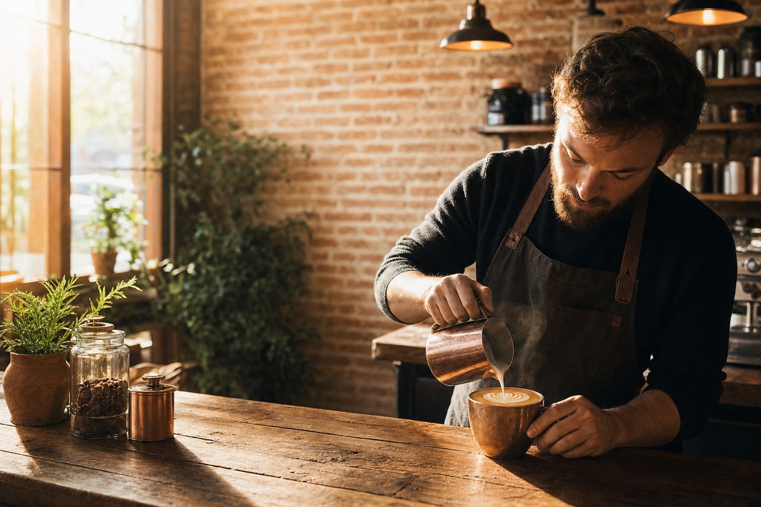 Barista pouring latte art into a copper-toned ceramic cup in a warm, sunlit coffee shop