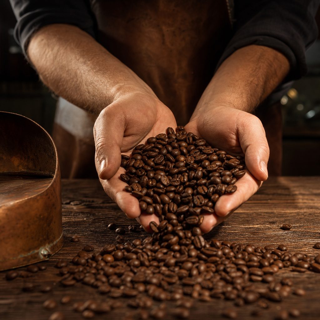 Hands cupping freshly roasted coffee beans on a rustic wooden table